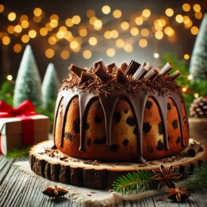 A beautifully decorated chocolate pound cake on a festive table, garnished with chocolate shavings