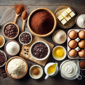 top-down view of essential ingredients for making a chocolate pound cake, including cocoa powder, butter, eggs, sugar, and chocolate chips