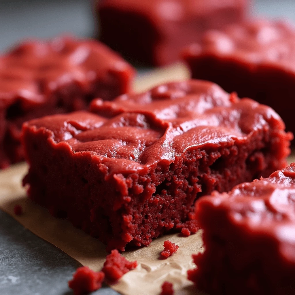 A stack of red velvet brownies topped with creamy white frosting