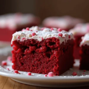 Mixing red velvet brownie batter in a glass bowl with a whisk
