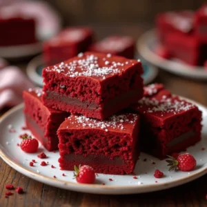 Freshly baked red velvet brownies cut into squares on a parchment-lined tray