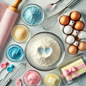 A modern flat lay of gender reveal cake ingredients, including flour, sugar, eggs, vanilla extract, butter, and pink and blue food coloring, arranged on a clean kitchen countertop