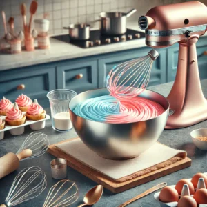 A modern baking scene featuring a mixing bowl with pink and blue batter, surrounded by baking tools like a whisk, spatula, and measuring cups in a sleek kitchen