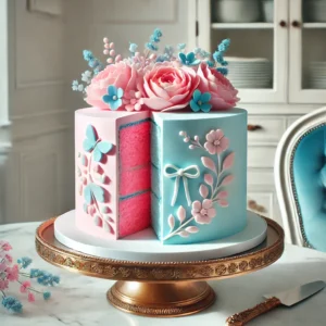 A beautifully decorated gender reveal cake with soft pastel frosting and delicate floral details. A slice is cut out, revealing either a pink or blue interior, placed on a luxurious cake stand in a bright kitchen