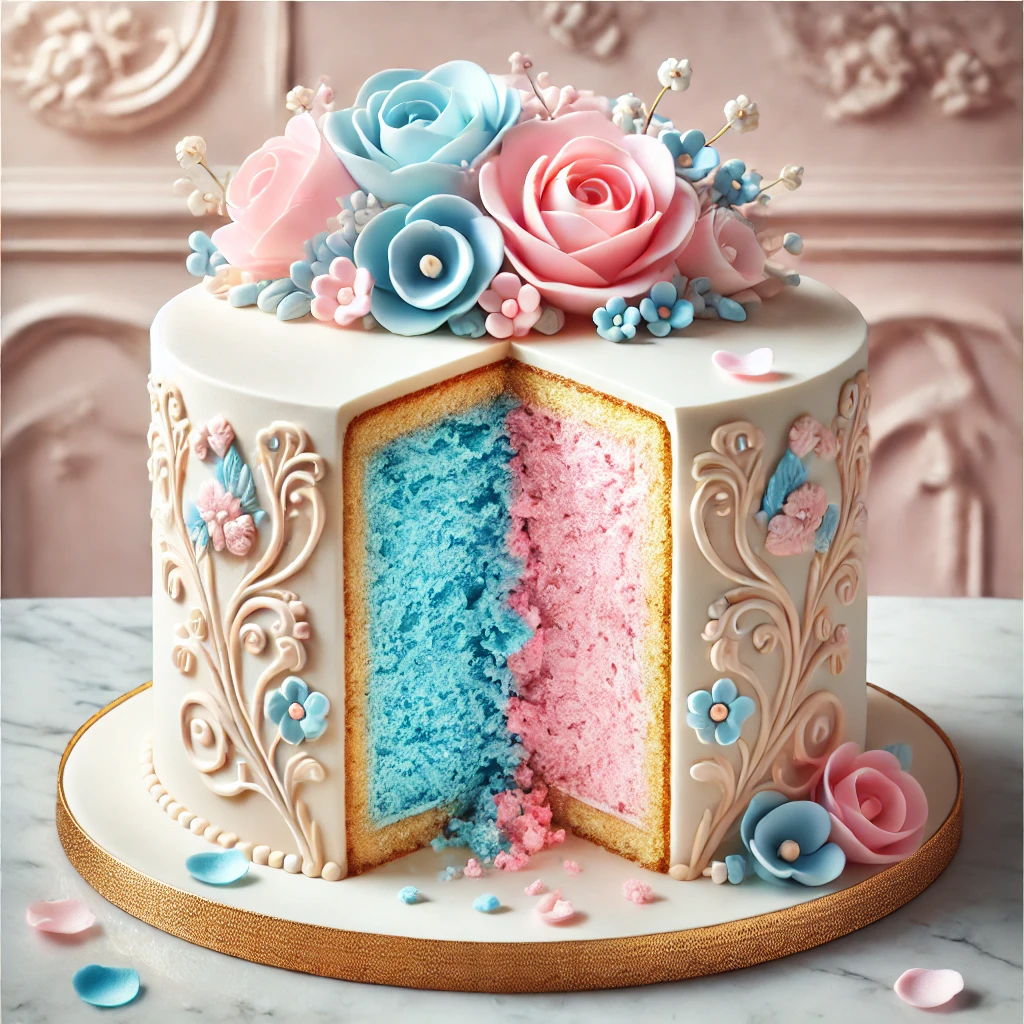 Beautifully decorated gender reveal cake with intricate floral icing and a split blue and pink interior, symbolizing the surprise reveal