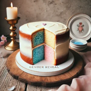 A homemade gender reveal cake with a hidden blue or pink sponge inside, lightly frosted in a 'naked cake' style, placed on a rustic wooden table