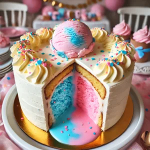 An ice cream gender reveal cake with a melted pink or blue filling inside, decorated with whipped cream and sprinkles on a festive party table