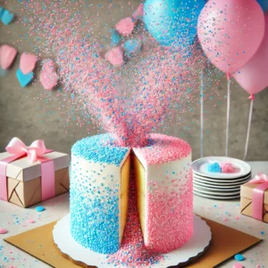 A sprinkle explosion gender reveal cake, cut open to reveal cascading pink or blue sprinkles, placed on a festive table with balloons and confetti