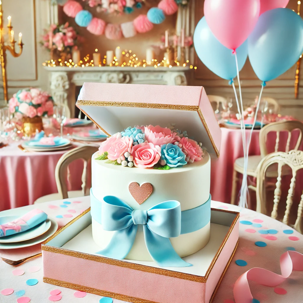 A beautifully decorated gender reveal cake with pastel pink and blue colors, placed on an elegant party table with balloons and confetti