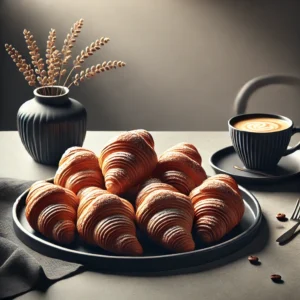 Freshly baked Swiss Gipfeli croissants on a dark plate, golden, flaky, and perfectly layered, with soft natural lighting enhancing their texture