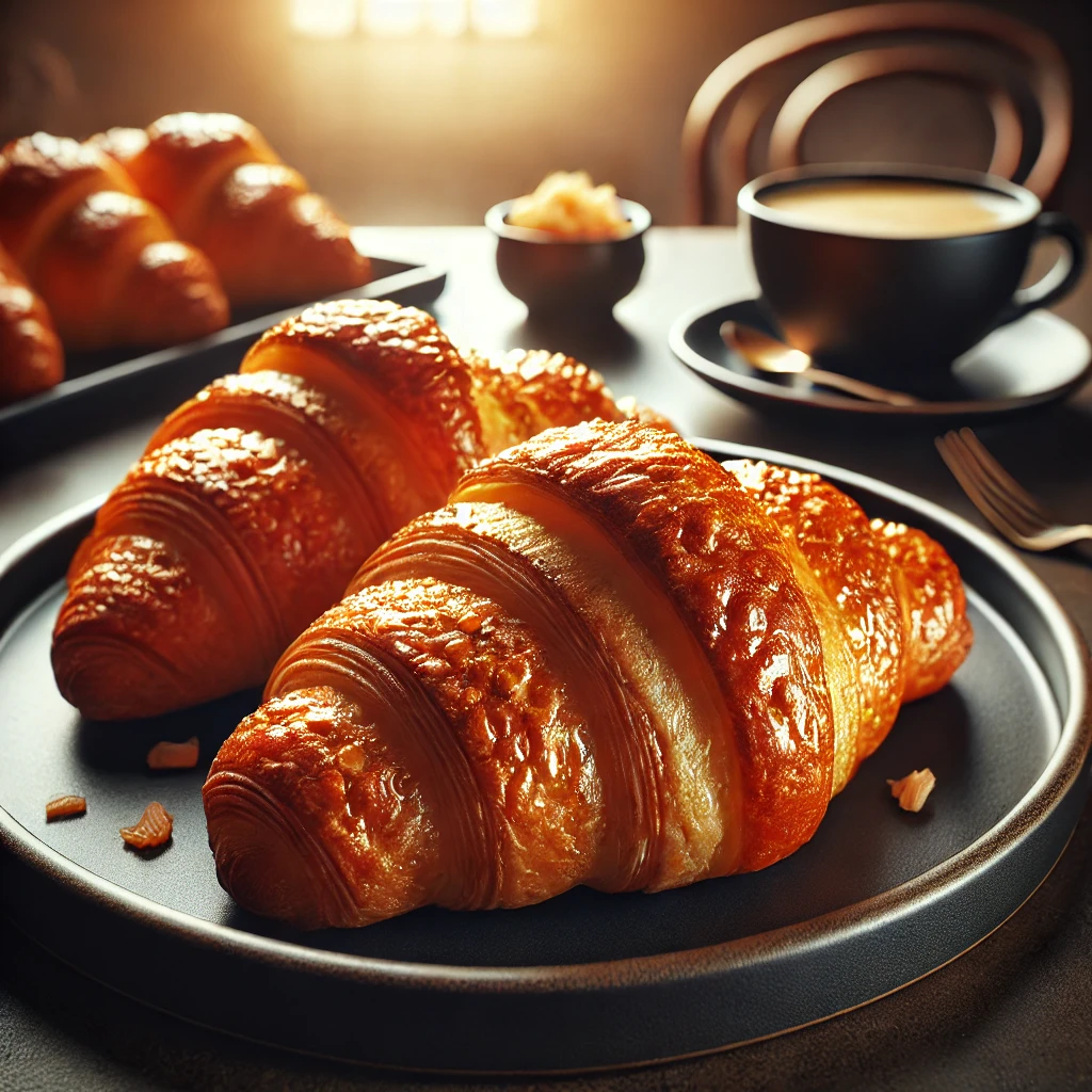 Freshly baked Swiss Gipfeli croissants on a plate, golden and flaky, perfect for a homemade breakfast