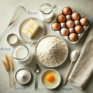 A flat-lay image of key ingredients for Gipfeli, including flour, butter, eggs, milk, sugar, and yeast, arranged on a clean kitchen surface