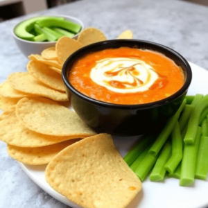 A bowl of creamy Rotel dip with tortilla chips and celery sticks on a white plate