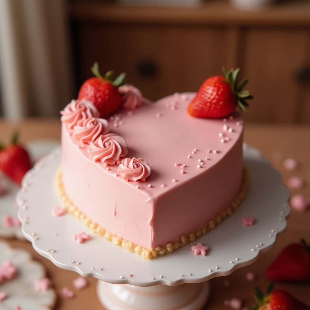 Heart-shaped cake with pink frosting and romantic decorations on a cake stand