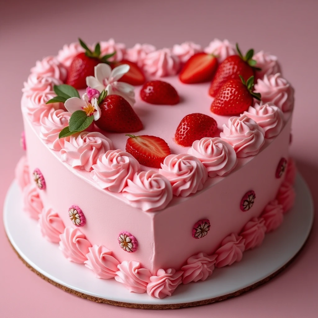 A beautifully decorated romantic heart-shaped cake with pink buttercream frosting, fresh strawberries, and edible flowers, perfect for two people
