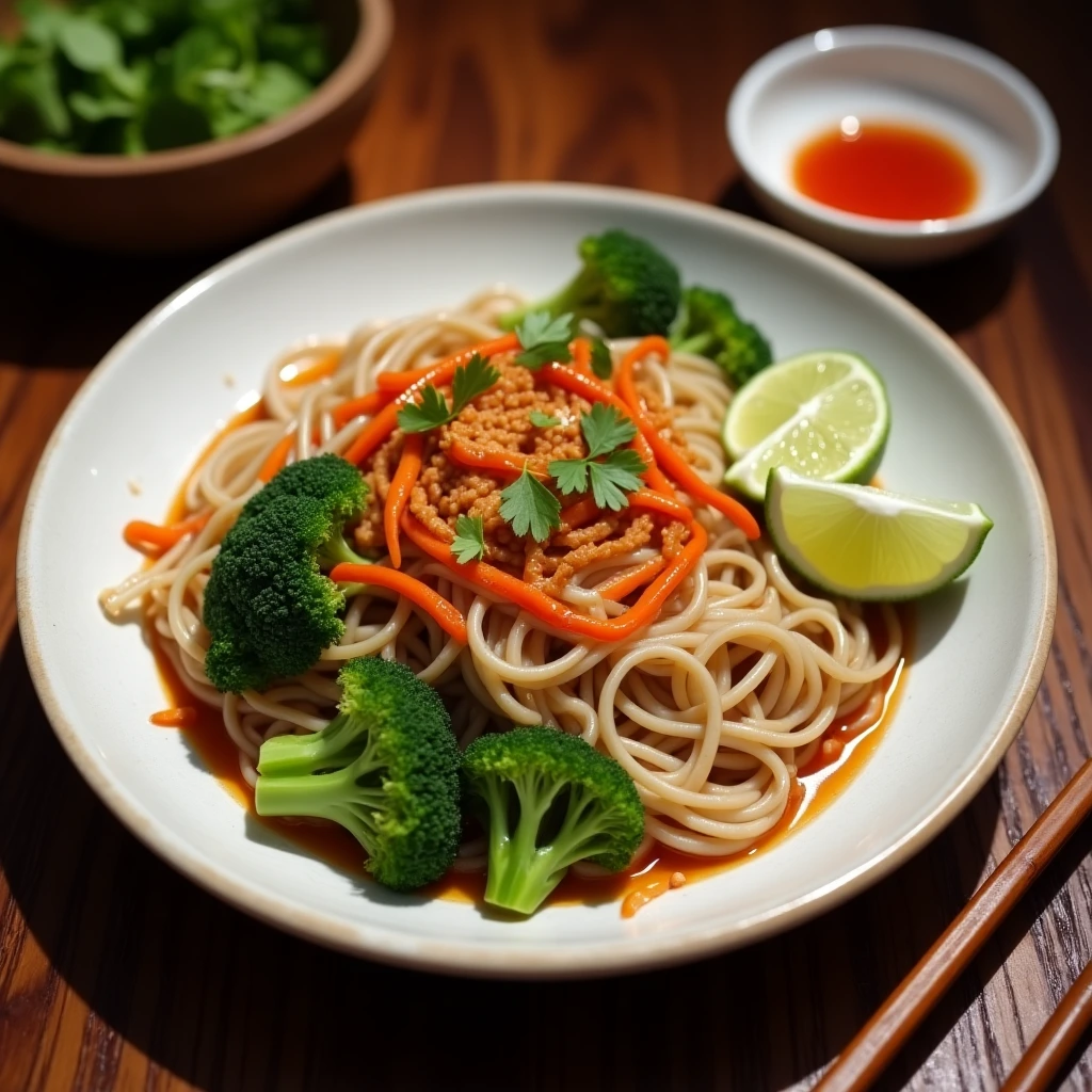 Plate of Phat Si-Io noodles garnished with lime and chili vinegar