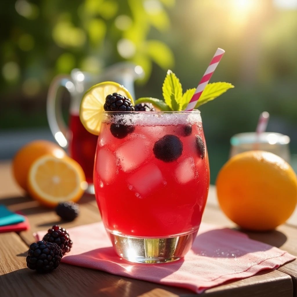 Glass of blackberry margarita with a salt rim, garnished with lime and fresh blackberries, served on a wooden table in a sunny outdoor setting