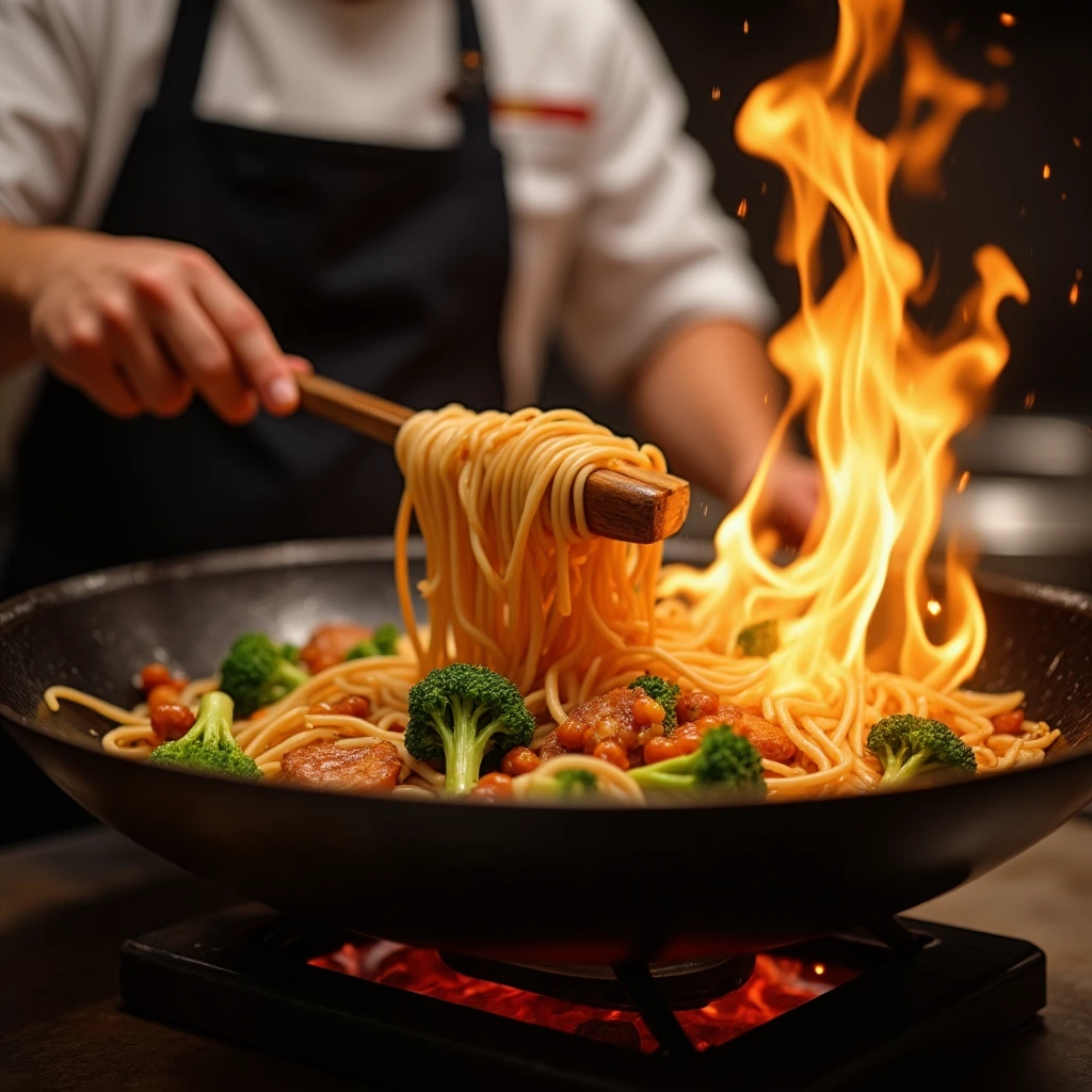 Thai chef stir-frying Phat Si-Io noodles in a sizzling wok