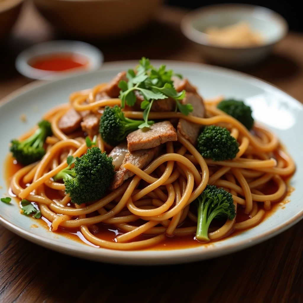 Authentic Phat Si-Io dish with stir-fried wide rice noodles, Chinese broccoli, and tender meat in a savory soy sauce