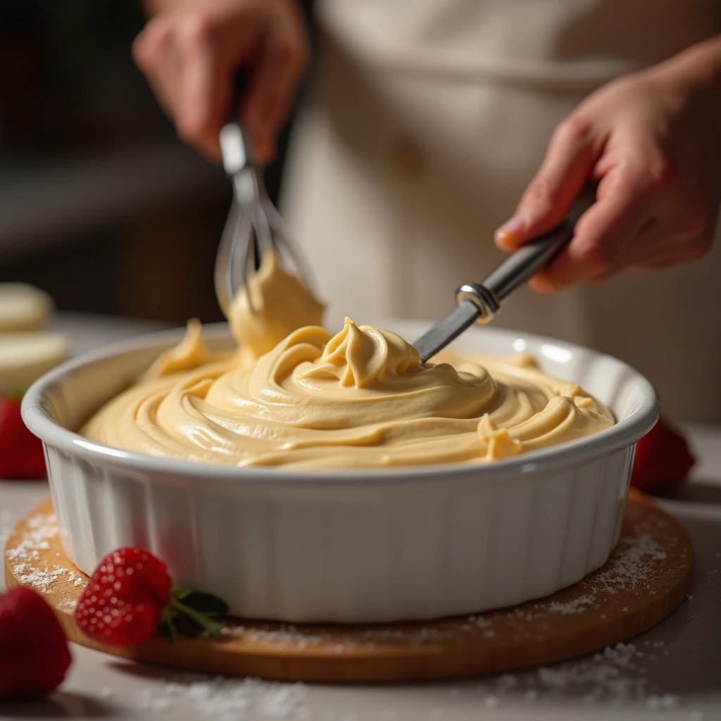 A close-up shot of the cake batter being mixed in a bowl, with ingredients laid out on the counter for a romantic cake for two.