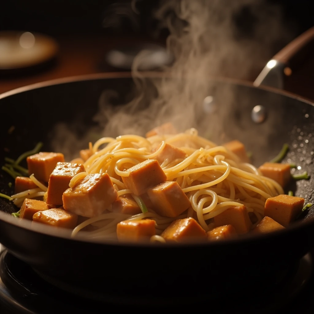 Stir-frying flat rice noodles and tofu in a wok for vegetarian Phat Si-Io