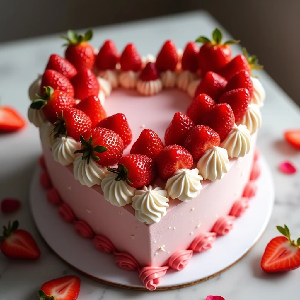 A romantic cake for two decorated with a heart-shaped design in buttercream and topped with fresh strawberries