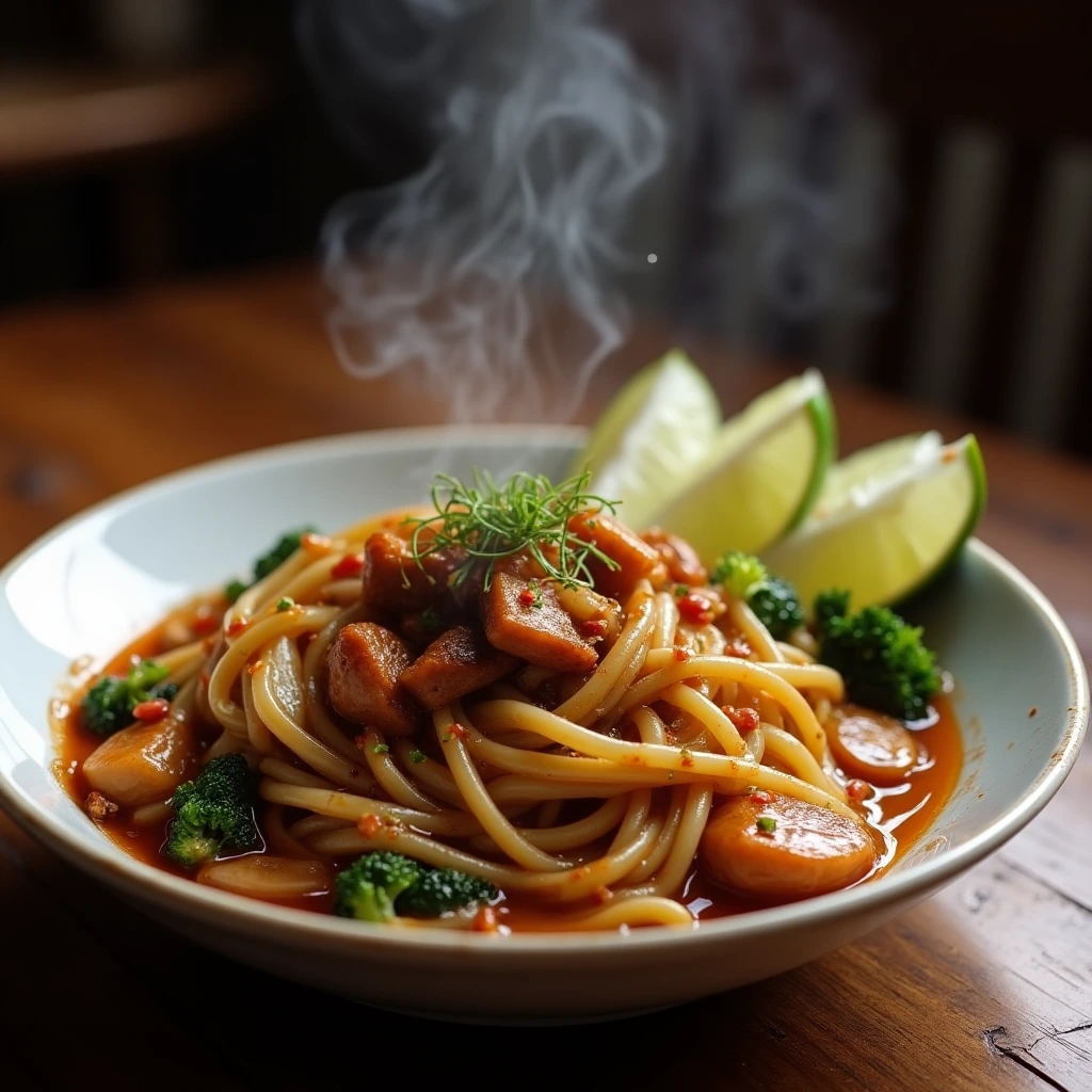 Plate of Phat Si-Io with chicken, Chinese broccoli, and wide rice noodles in a smoky soy sauce glaze