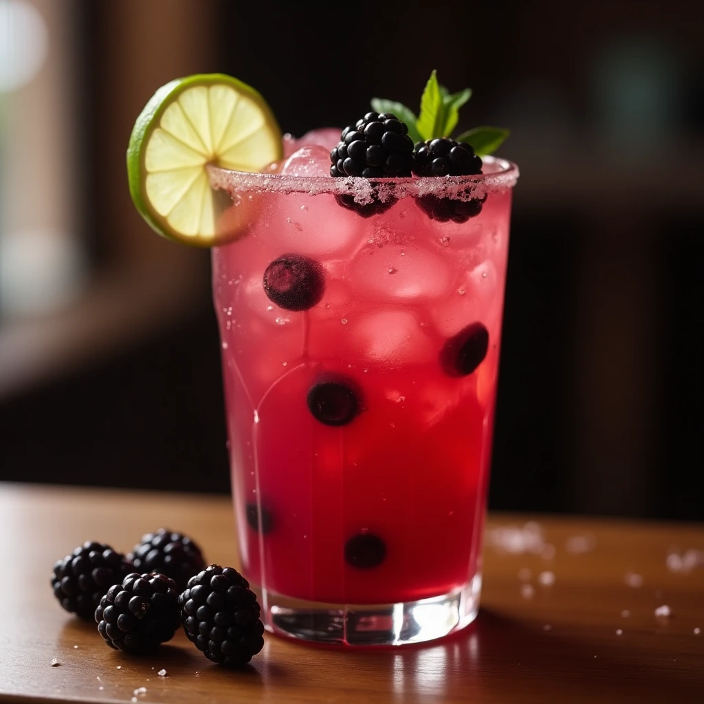 A vibrant blackberry margarita garnished with fresh blackberries and a lime wedge, served in a salt-rimmed glass.