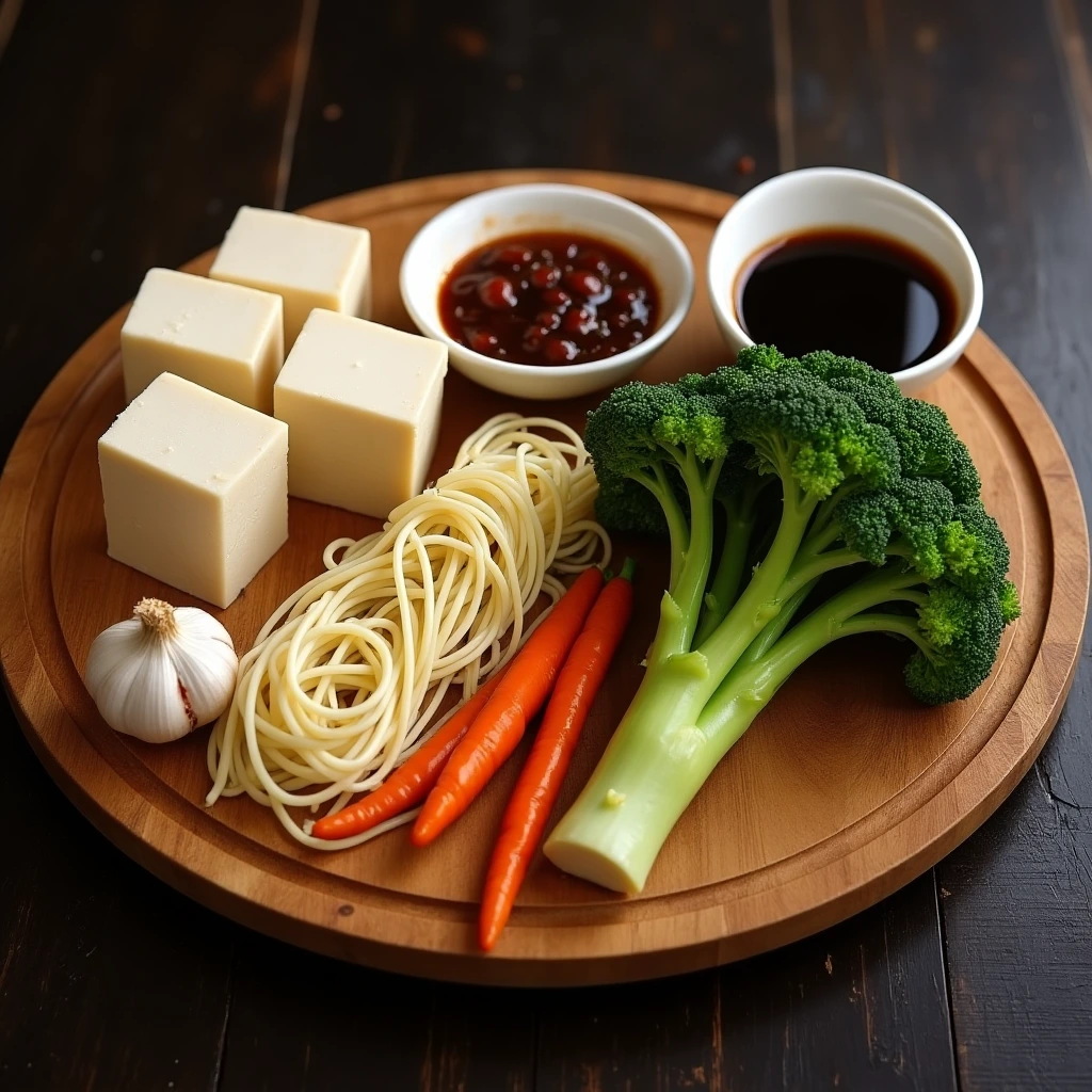 Fresh tofu, rice noodles, and vegetables for Thai vegetarian stir-fry