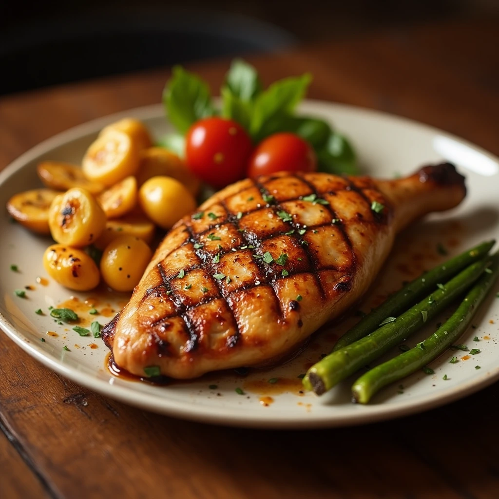 Grilled chicken breast with vegetables on a rustic wooden table, showcasing a Pellet Grill dish.