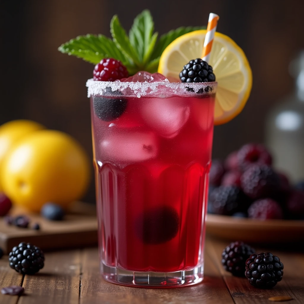Close-up of fresh blackberries, tequila, lime juice, simple syrup, and salt, the essential ingredients for making a blackberry margarita