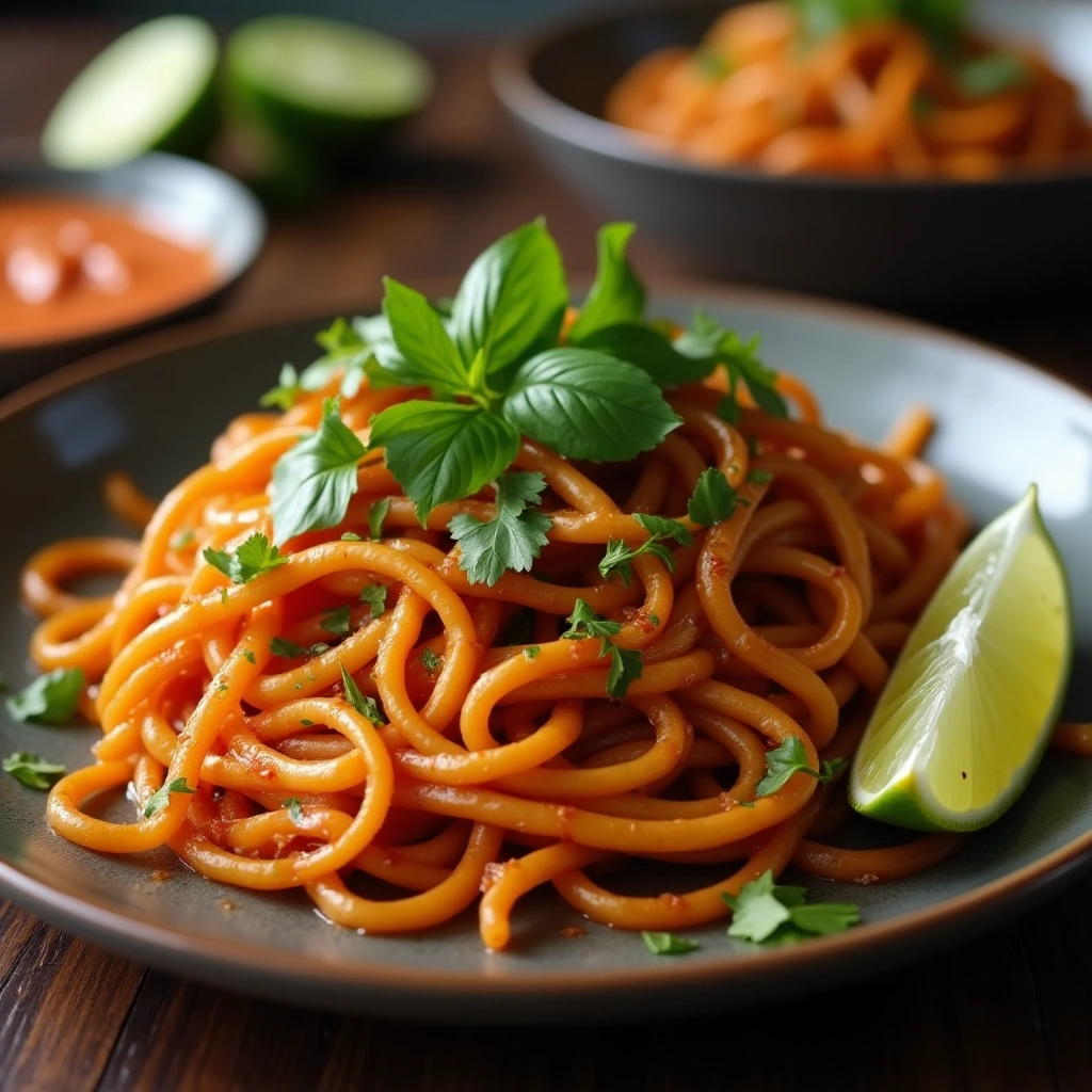 Garnished Smoky Thai Noodles served on a plate with lime wedges, Thai basil, and cilantro