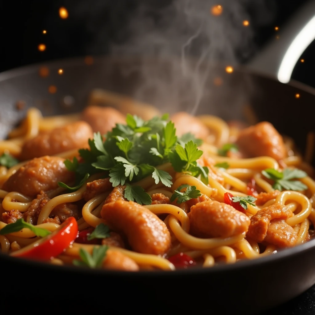 Close-up of sizzling Smoky Thai Noodles in a wok with vegetables and protein.