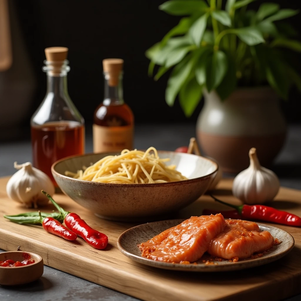 Ingredients for Smoky Thai Noodles including rice noodles, soy sauce, fish sauce, garlic, herbs, and Thai chilies.