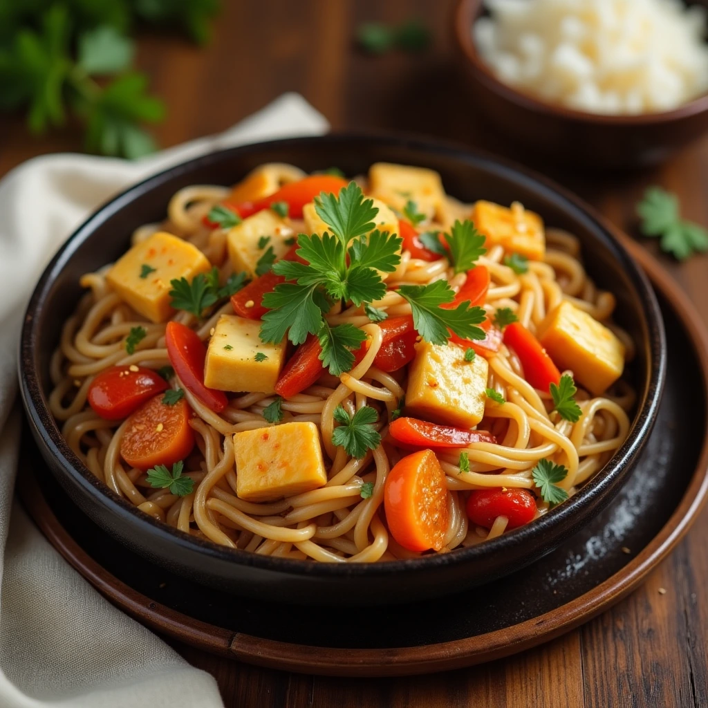 Vegetarian Phat Si-Io in a wok with colorful vegetables and rice noodles.