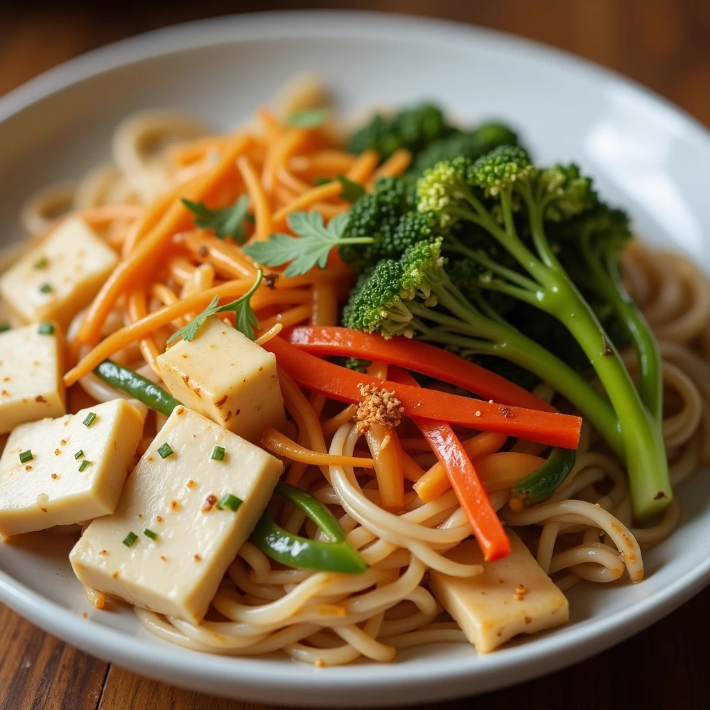 Colorful vegetarian Phat Si-Io served with tofu and fresh vegetables