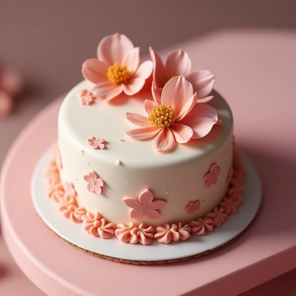 Elegant mini cake decorated with edible flowers on a pastel cake stand