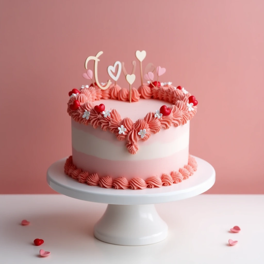 Heart-shaped cake with elegant pink frosting and floral decorations on a white cake stand.