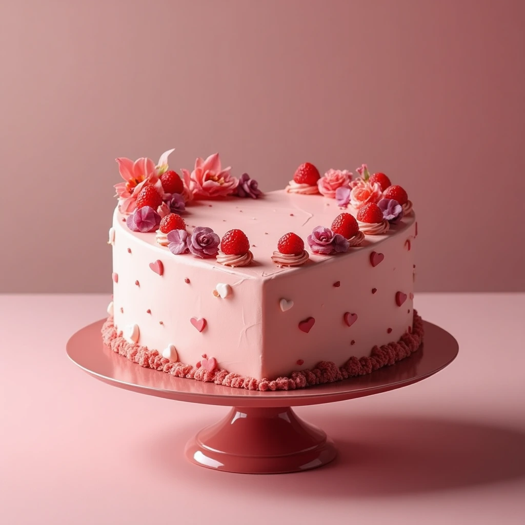 Beautiful heart-shaped cake decorated with intricate frosting and edible flowers.