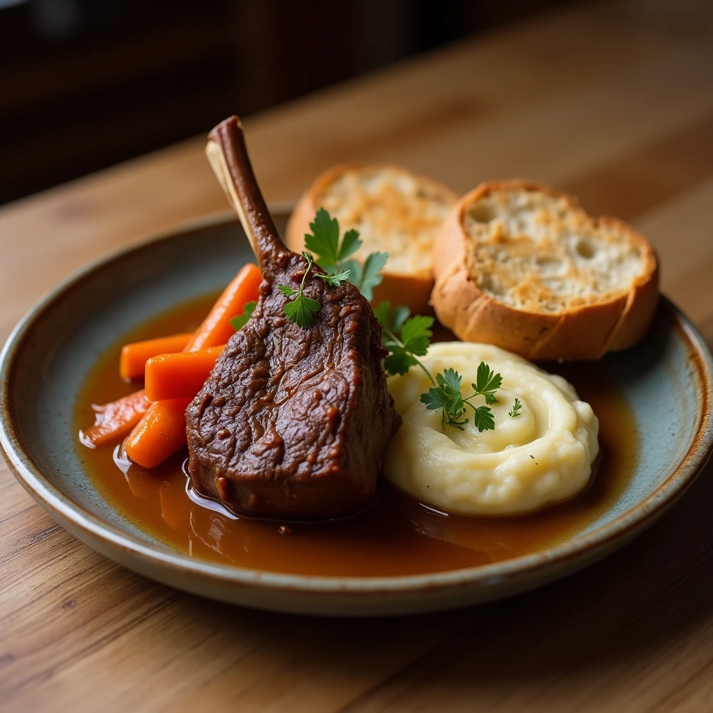 Beef shank served with mashed potatoes and vegetables