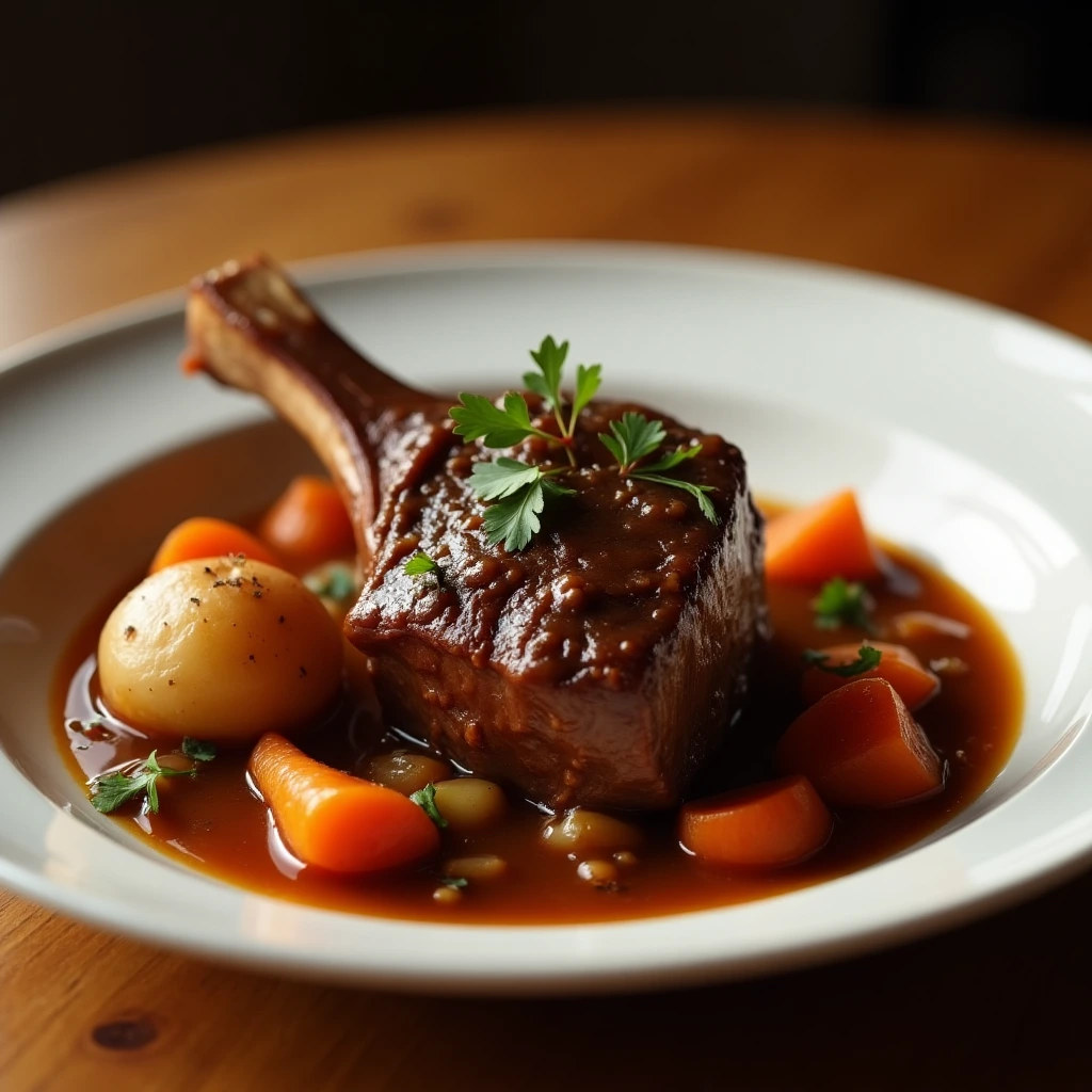 Tender beef shank served with vegetables and rich gravy.