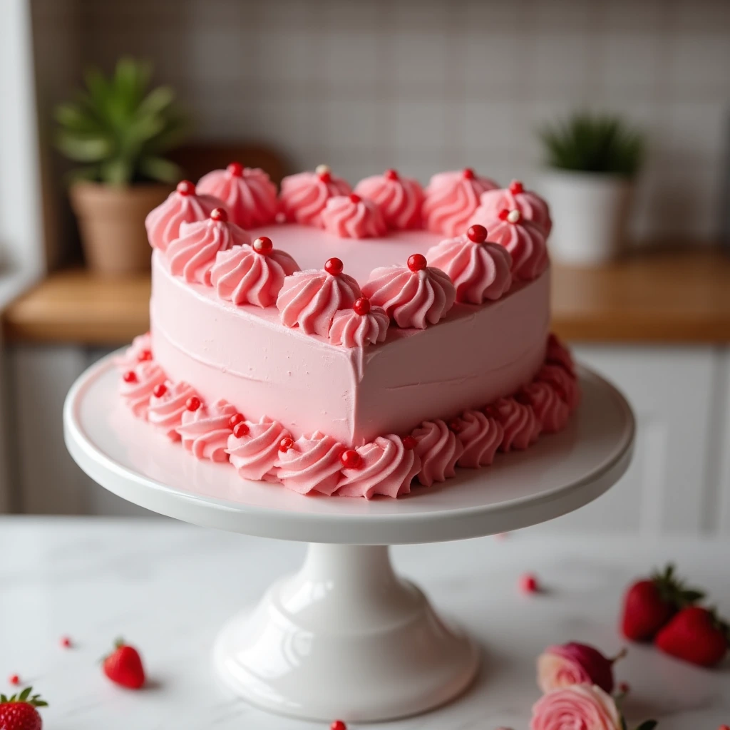 Heart-shaped cake with pink and red frosting on a white cake stand