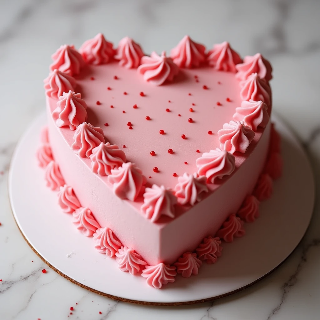 A beautifully decorated heart-shaped cake with smooth frosting and intricate details.