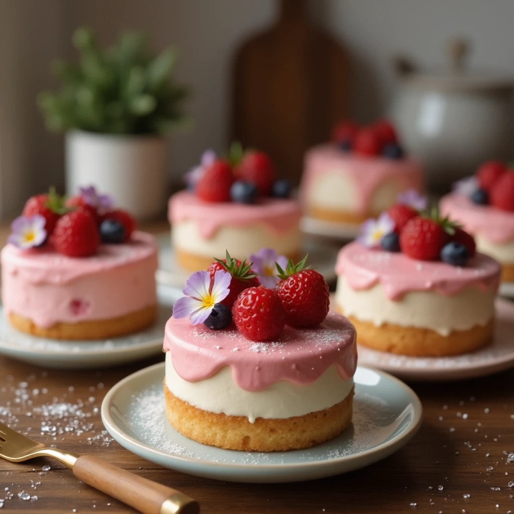Assortment of decorated mini cakes with berries and frosting on a wooden table