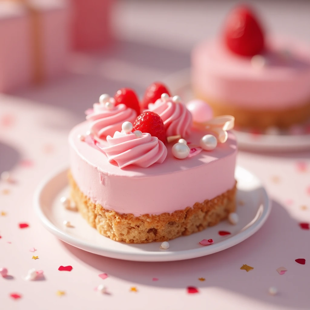Mini heart cake decorated with pink buttercream and pearls on a party table