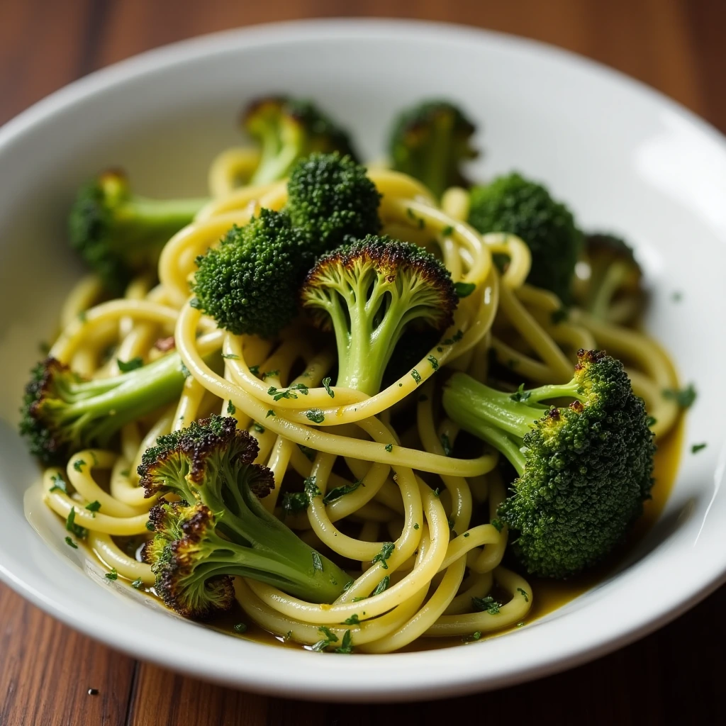 Roasted broccoli and zucchini noodles with olive oil and herbs in a bowl