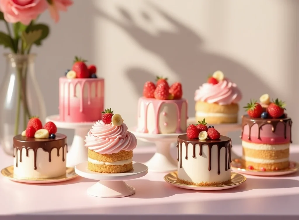 Beautifully decorated mini cakes on a table, styled for a celebration