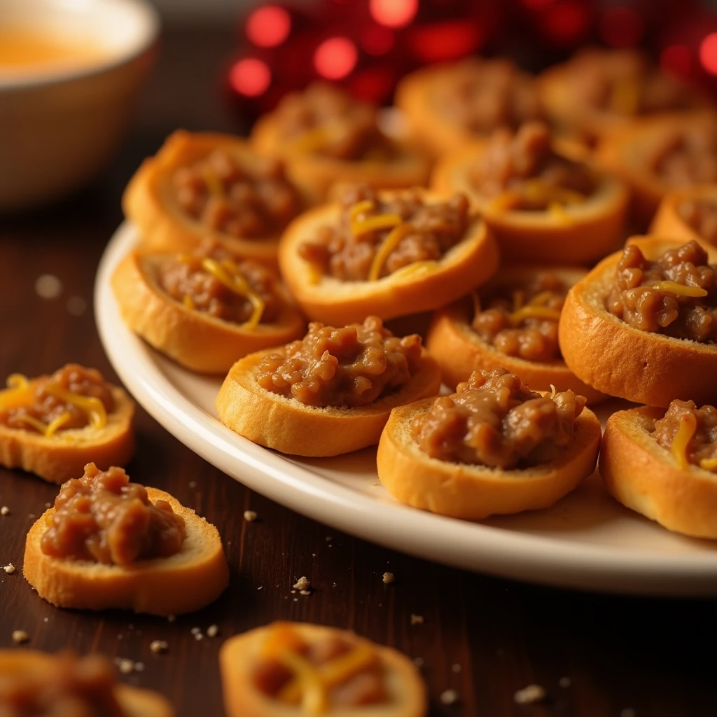A plate of freshly baked Hanky Panky appetizers on rye bread, topped with melted cheese and sausage.