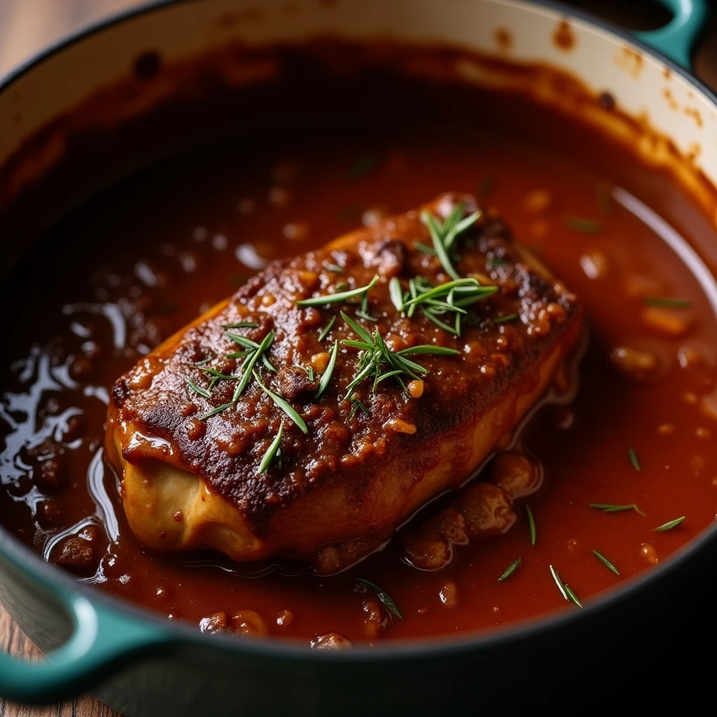 Braised beef shank cooking in a Dutch oven