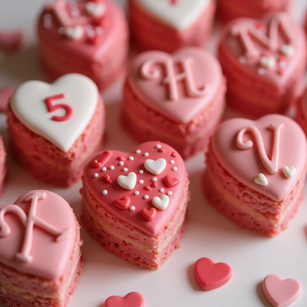 Mini heart cakes decorated with fondant toppers, including hearts and initials.